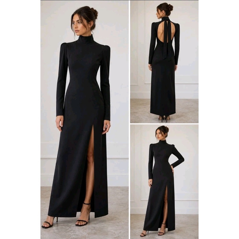NWT BCBGMAXAZRIA Black Open Back Maxi Gown Dress Formal High Neck Side Slit US 2 - Picture 3 of 16